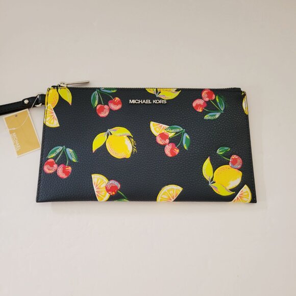 Michael Kors Jet Set Travel Large Top Zip Wristlet Clutch Navy Fruit Handbag - Picture 4 of 7